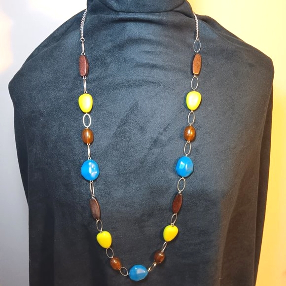 Costume Jewelry Beaded 36" Necklace  Turquoise Lime Green Brown Silver - Picture 2 of 8